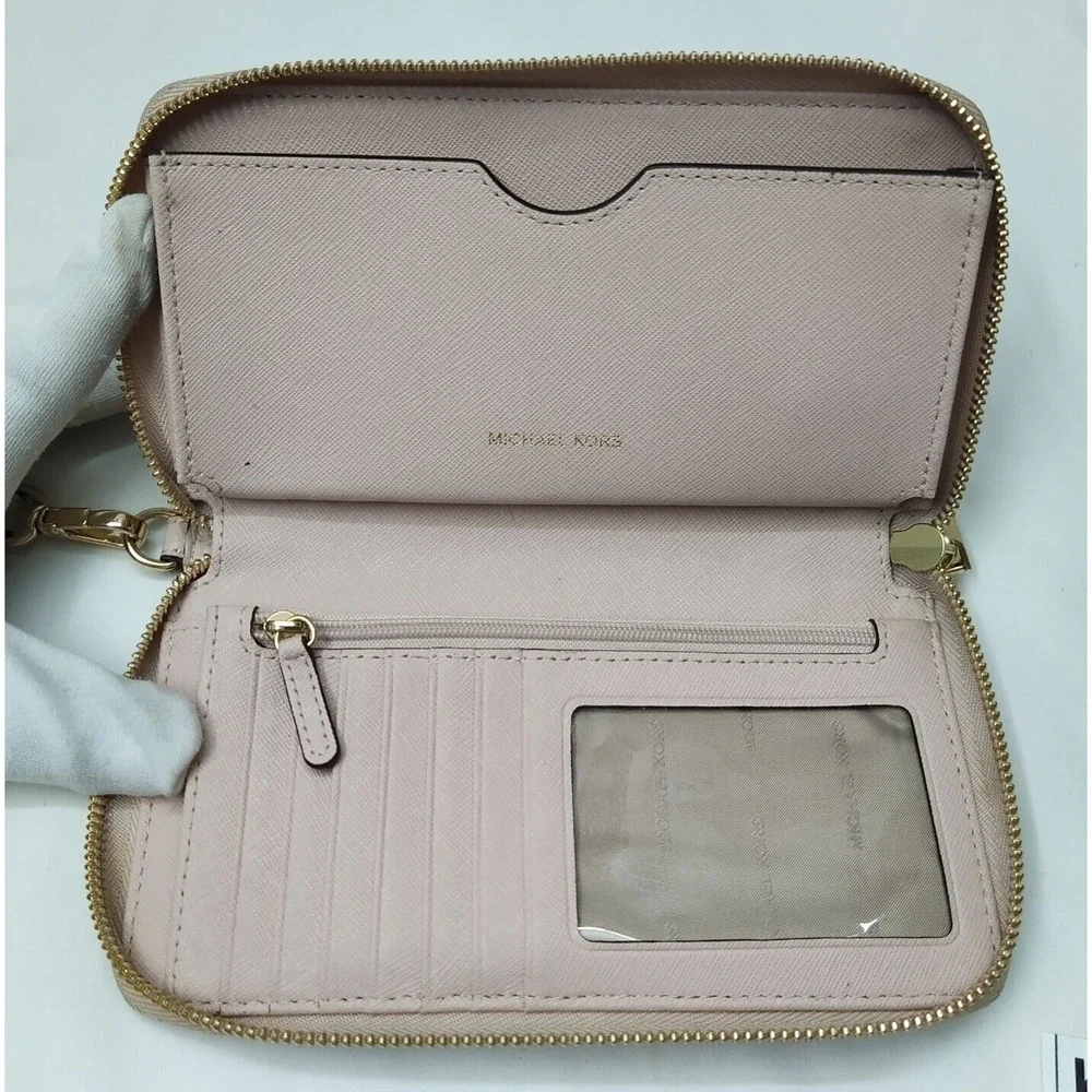 Michael Kors Light Pink Pebbled Leather Zip Around Credit Card ID Window Wallet